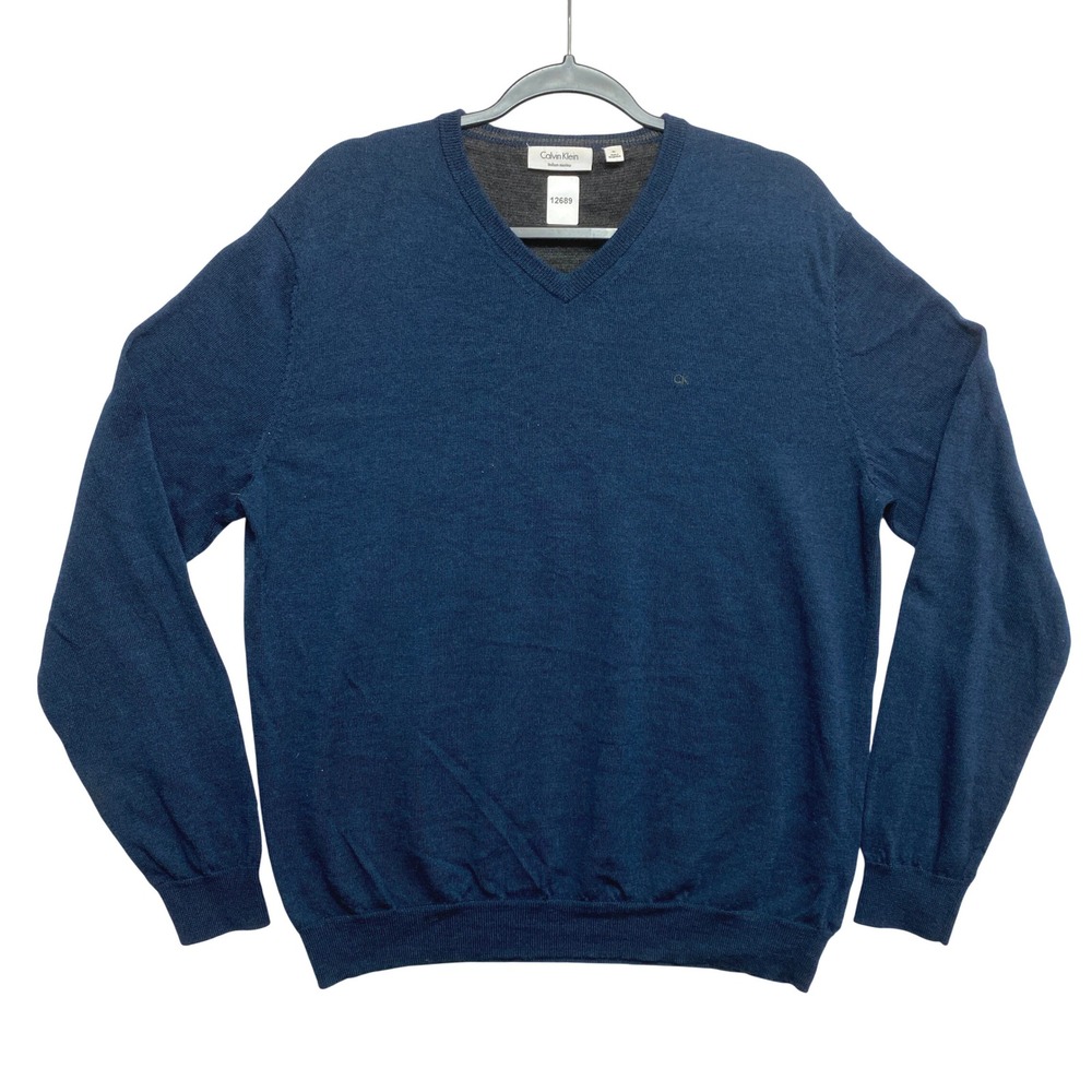 Calvin Klein Sweater Mens XL Blue Italian Merino V-Neck Embroidered Logo